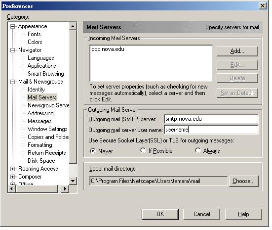 Netscape Communicator Mail Servers Settings screen