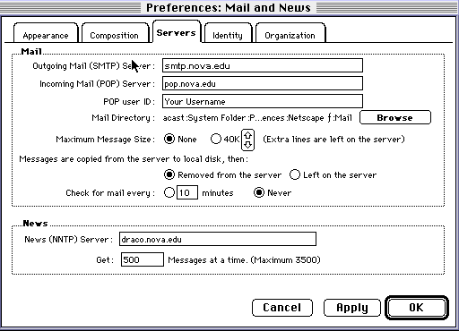 Netscape Communicator for MAC Servers configuration screen