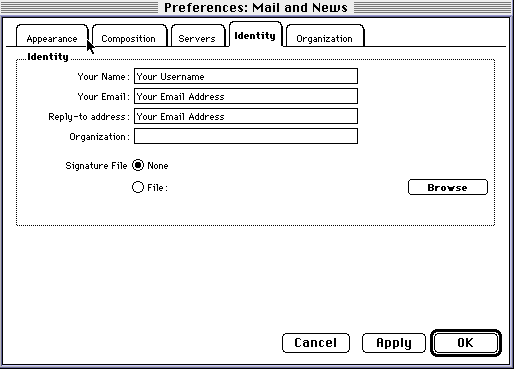Netscape Communicator for MAC Identity screen