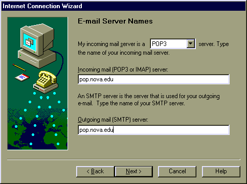 Outlook E-mail Server Names screen