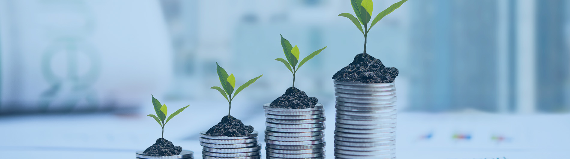 stacked coins with dirt and plants on top