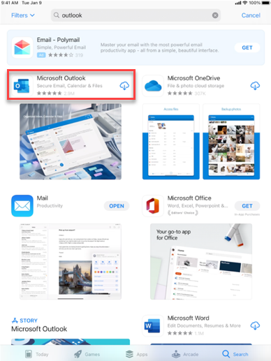 Outlook download option screenshot
