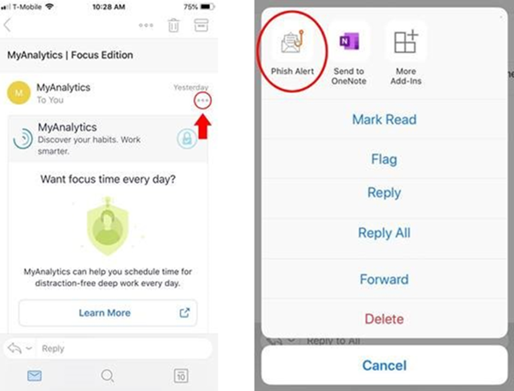 Phish Alert button on a mobile device screenshot