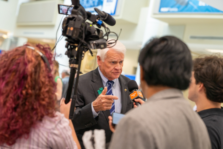 President Moon is being interviewed by a media crew
