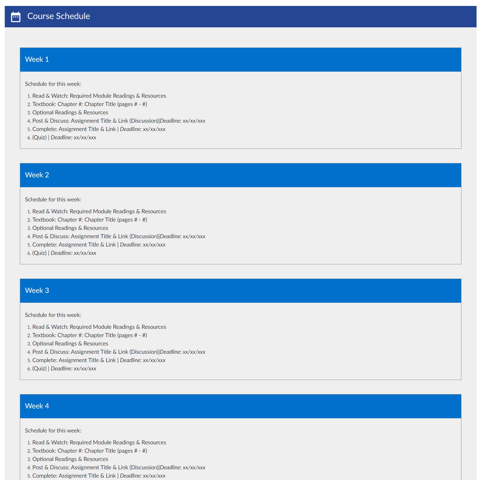 Template B Course Schedule