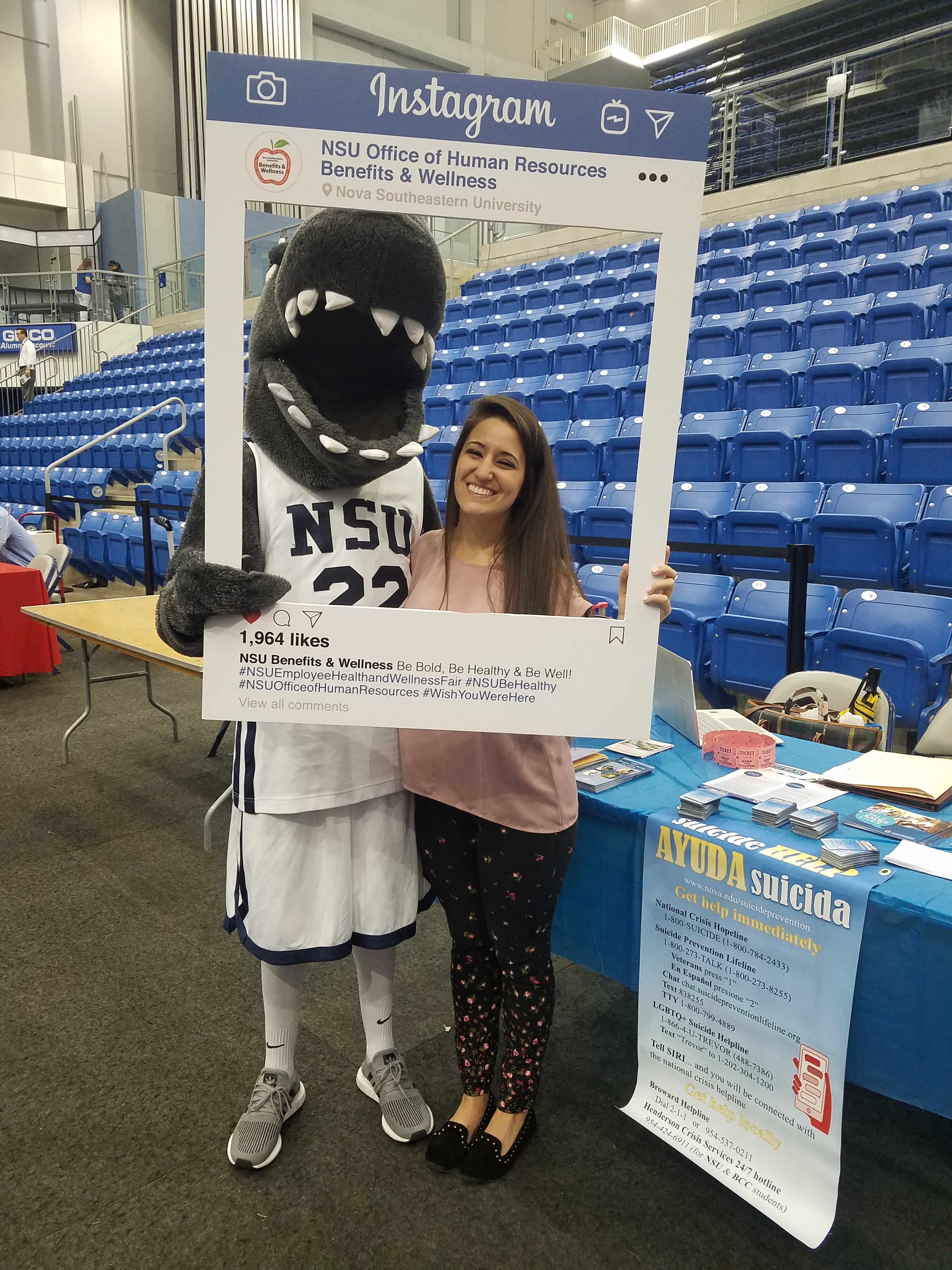 Dr. Stefany Marcus with Razor the Shark at the annual NSU Health and Wellness Fair.